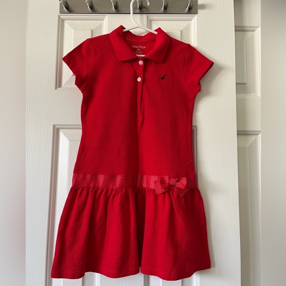 Girls Nautica 6x drop waist polo dress with polka dot ribbon, new without tags - Picture 1 of 9